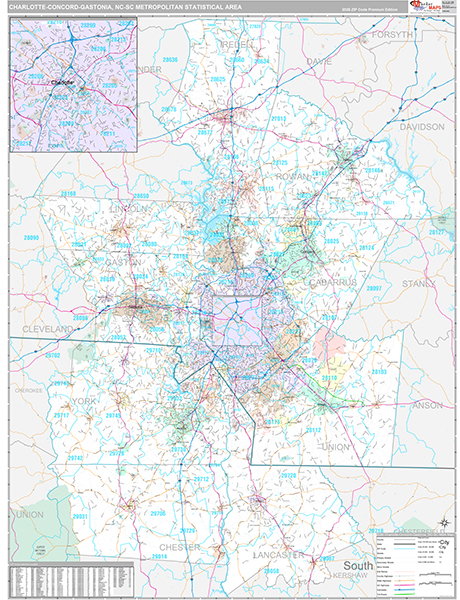 Charlotte-Concord-Gastonia Metro Area Wall Map Premium Style